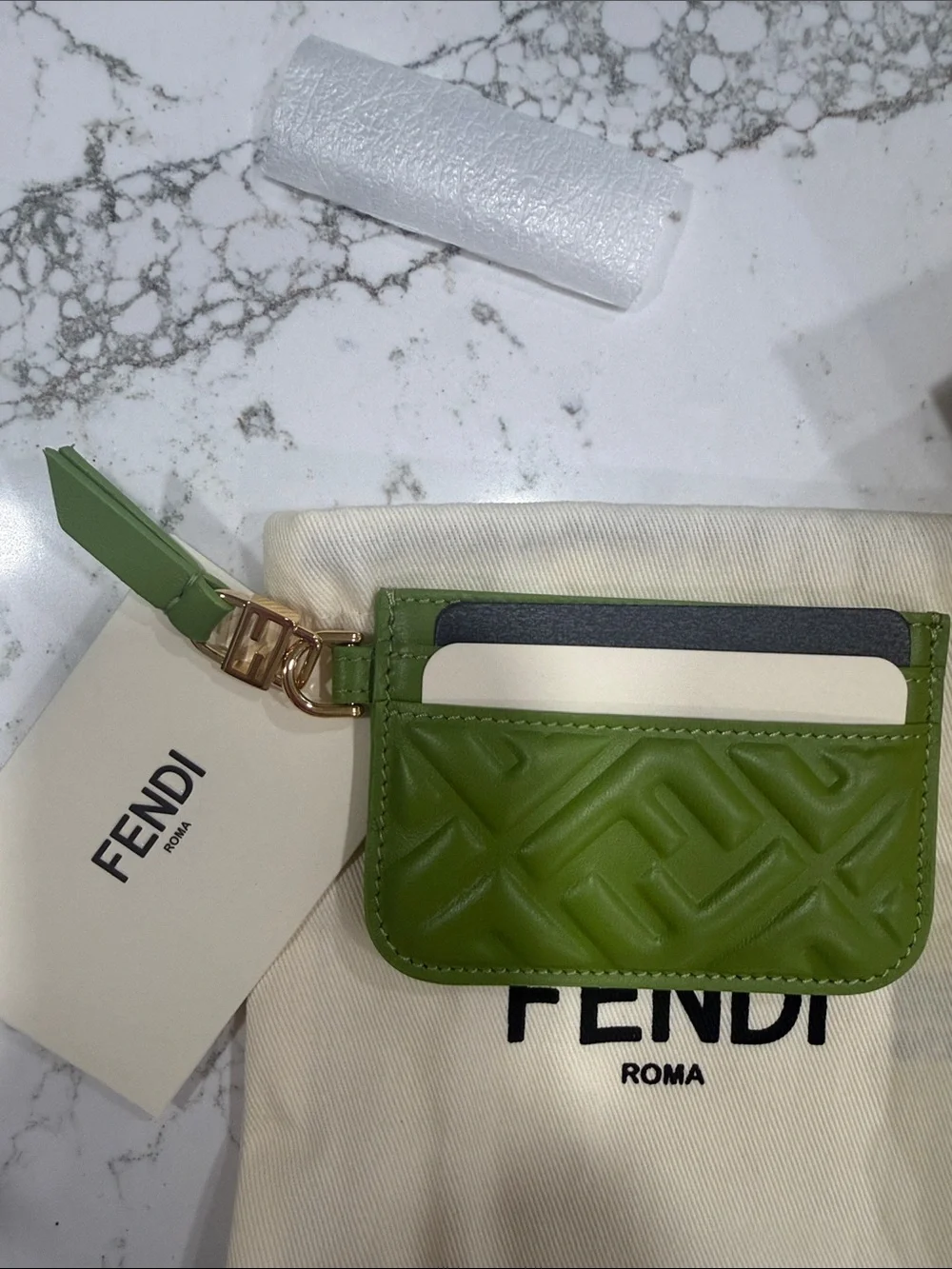 Fendi Green Quilted Leather Card case with Gold Hardware
